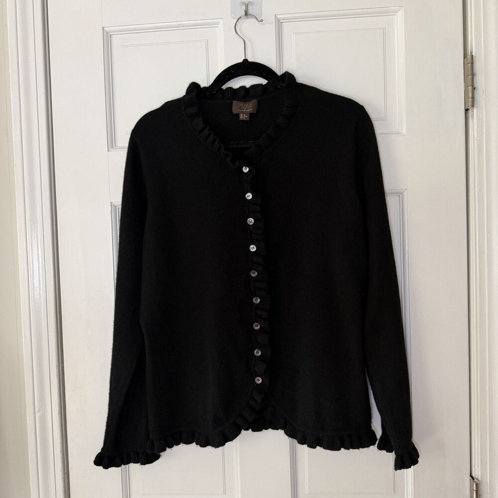 Pure Collection Cashmere Ruffle Cardigan Womens 14 Black 100% Cashmere Romantic